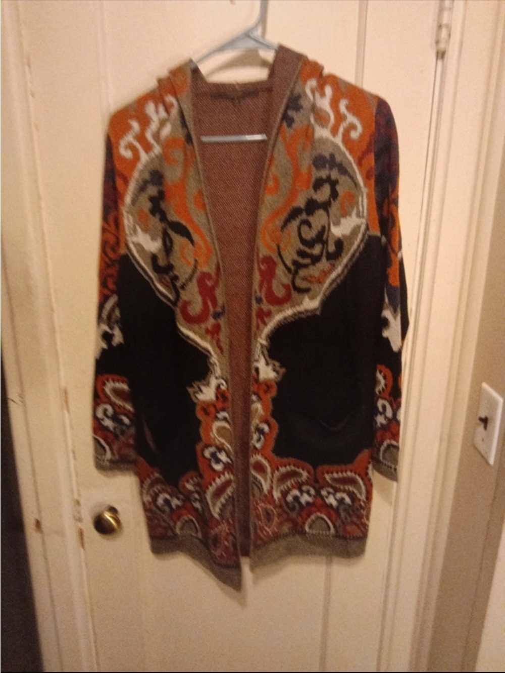 Open-Front Paisley Knit Cardigan Sweater - Black & Rust